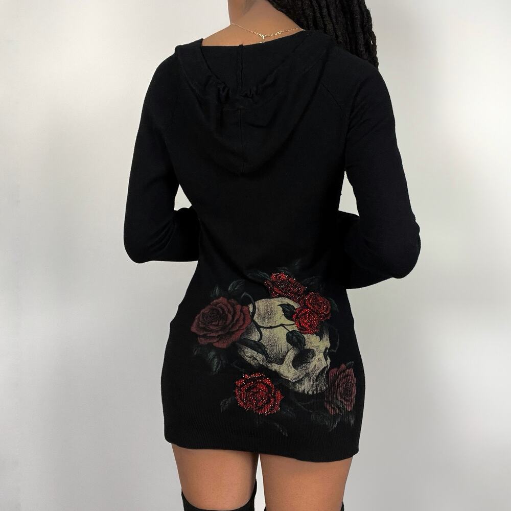 Y2K Sinful Rhinestone Black Ribbed Hooded Sweater Dress Goth Skull Roses Medium